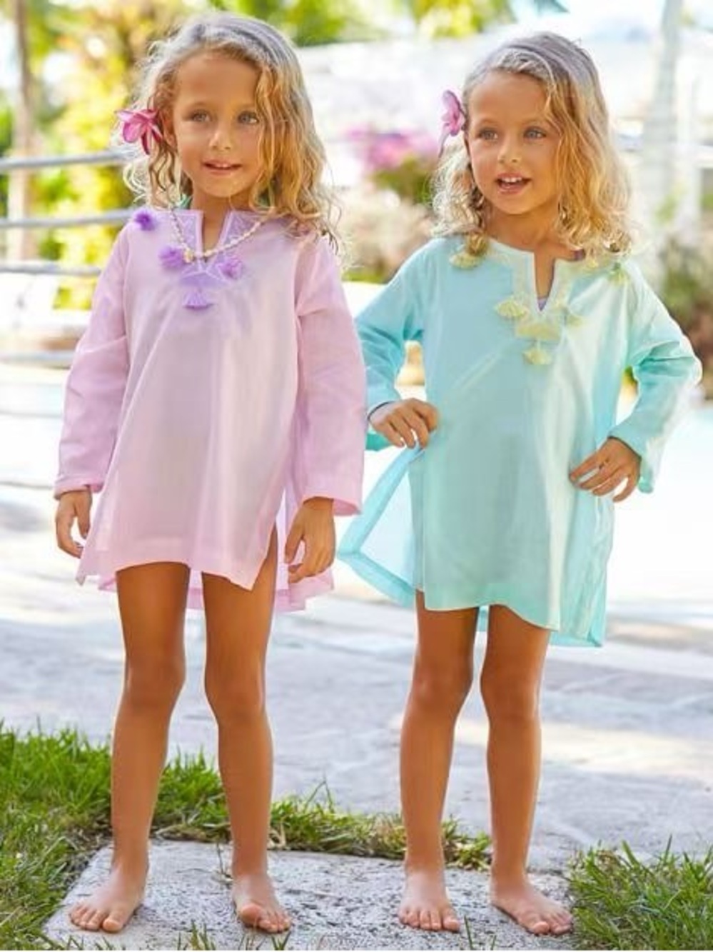 Kids Long-Sleeve Tassel Tunic Pajama /Sunscreen Smock - Pink & Light Blue
